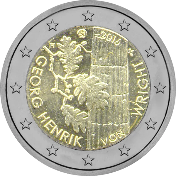 Pièce de 2 euros Georg Henrik von Wright 2016 avec des feuilles d'arbre