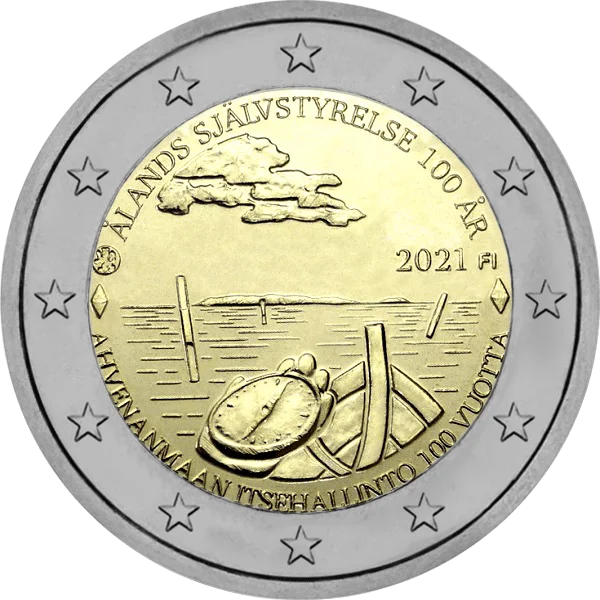 Pièce de 2 euros Alands Sjalvstyrelse 100 AR 2021 FI avec un bateau et un compas