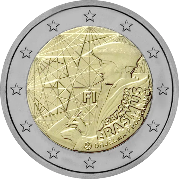 Pièce de 2 euros FI 1987-2022 Erasmus Ohjelma-Programmet avec représentation d'Erasme qui écrit