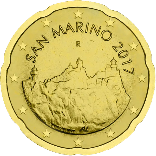 Pièce de 20 centimes San Marino avec montagne et tours