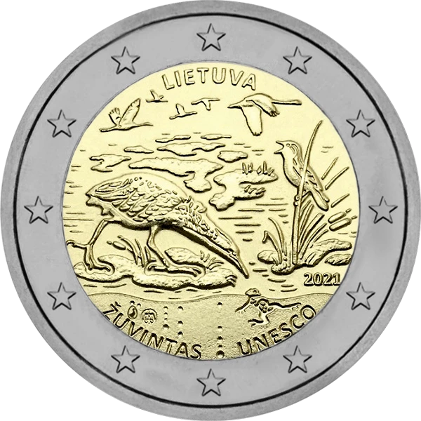 Pièce de 2 euros Zuvintas Unesco Lietuva 2021 avec des oiseaux