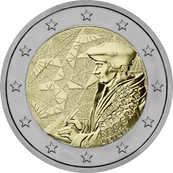 Pièce de 2 euros 1987-2022 Erasmus Programme Lietuva avec représentation d'Erasme qui écrit
