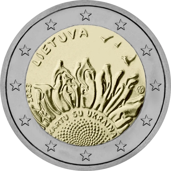 Pièce de 2 euros Kartu su Ukraina Lietuva 2023 avec un tournesol