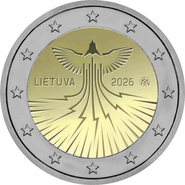Pièce de 2 euros indépendance énergétique Lietuva 2026 avec un oiseau