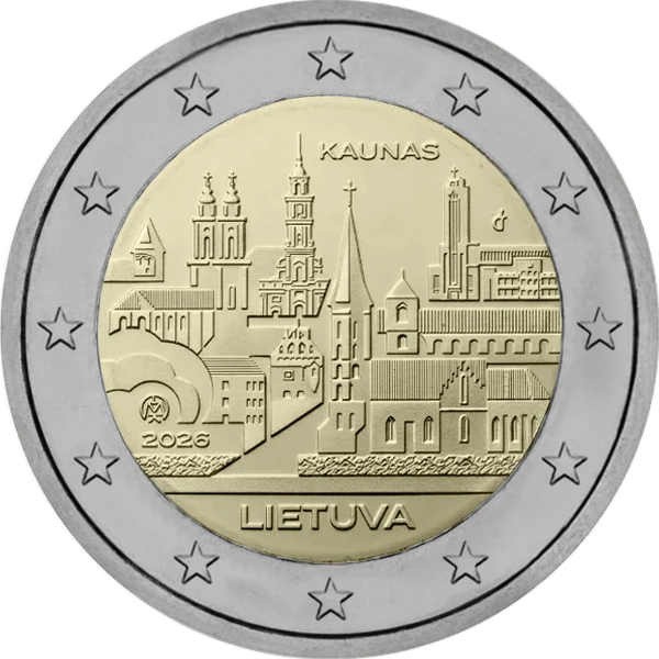 Pièce de 2 euros Kaunas Lietuva 2026 avec des églises